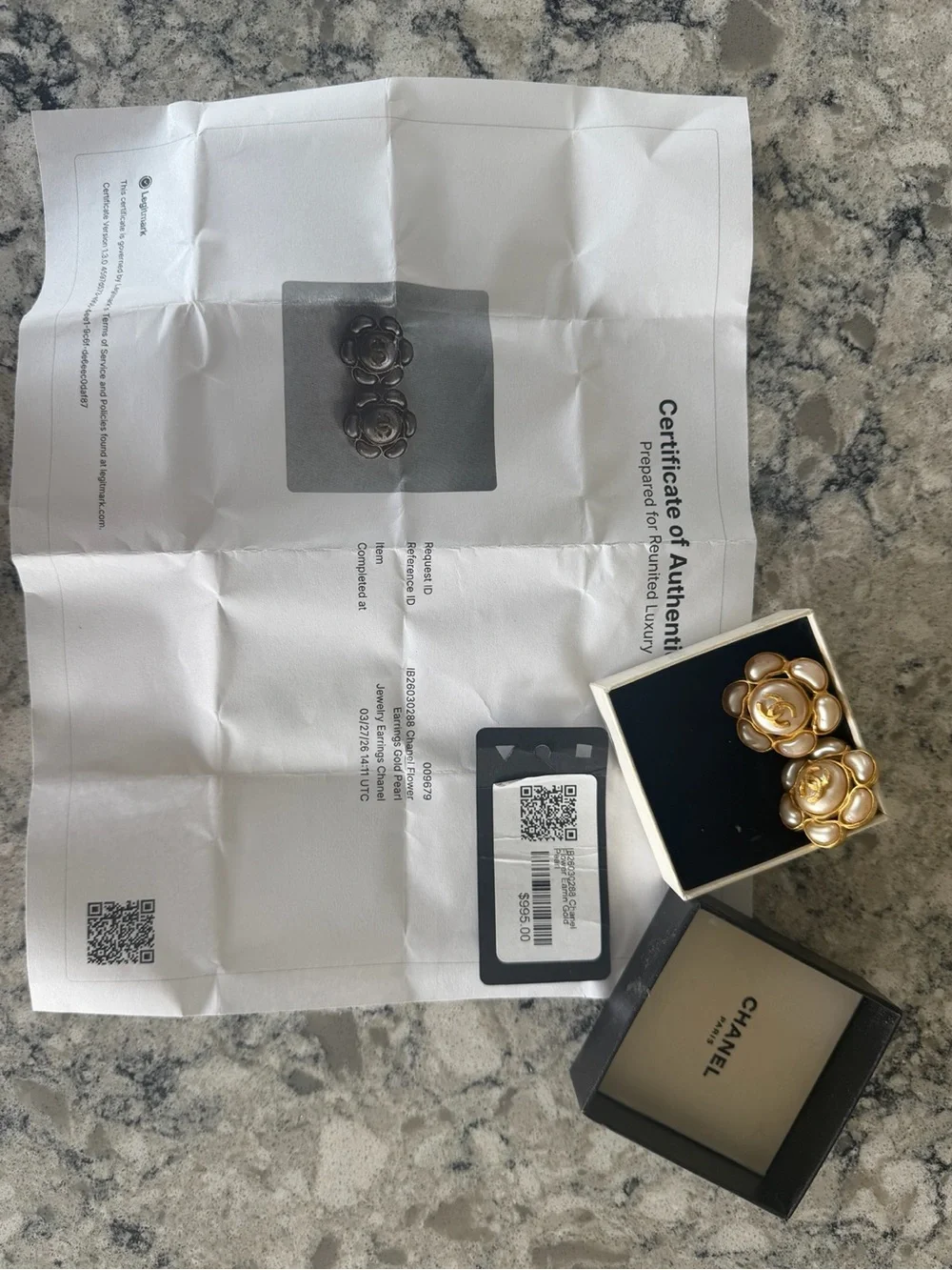CHANEL Cream Pearl Camellia Clip-On Earrings with Gold CC Logo